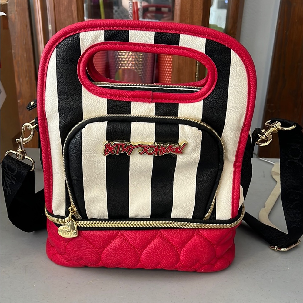Betsey Johnson Red and Black Lunch Tote Bag with Bold Stripes